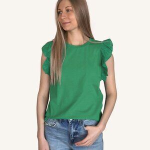 Embroidered Ruffled Sleeve Crew Neck Top - Green